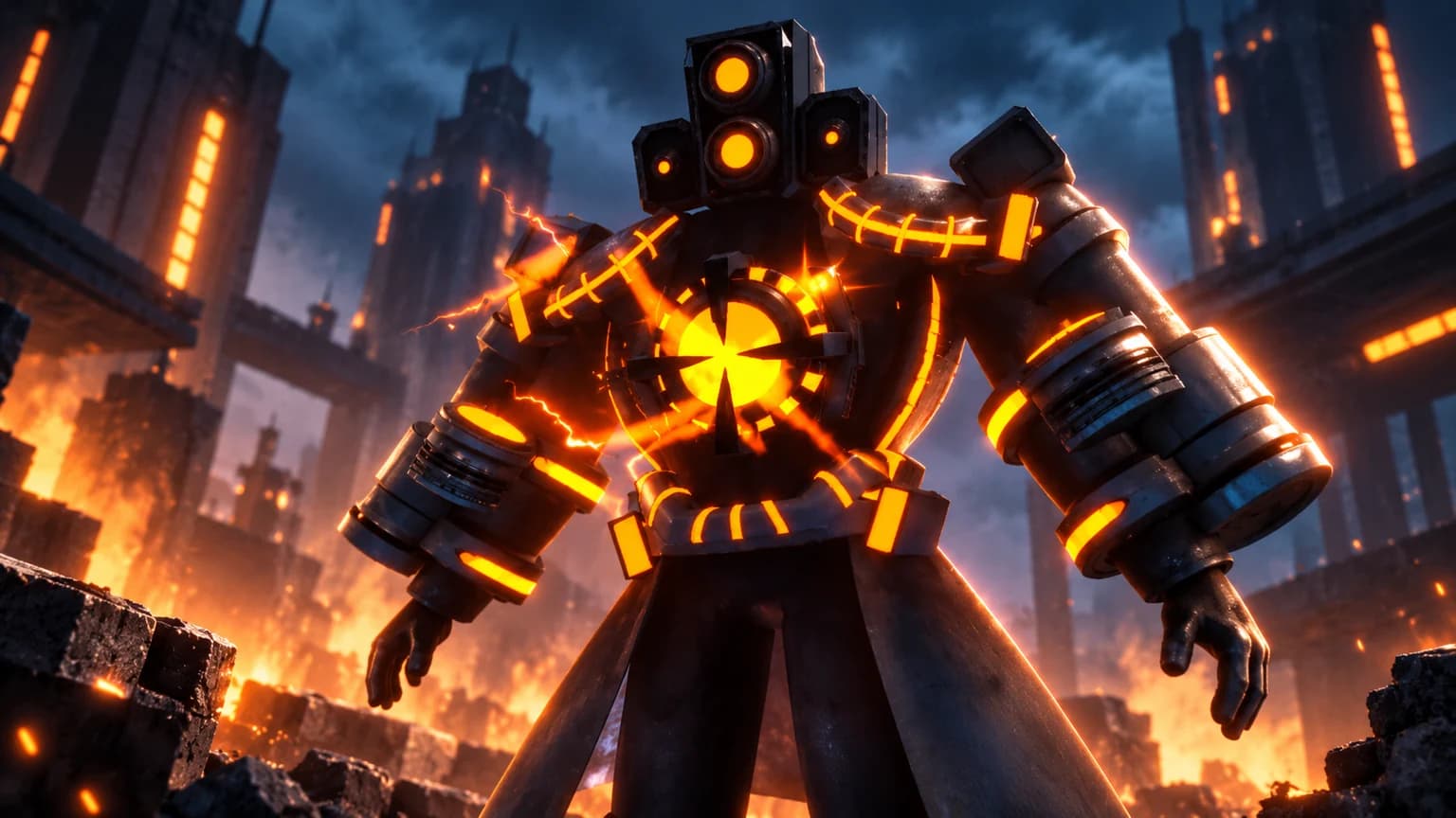 Futuristic Titan Cameraman with an orange turbine core and glowing armor