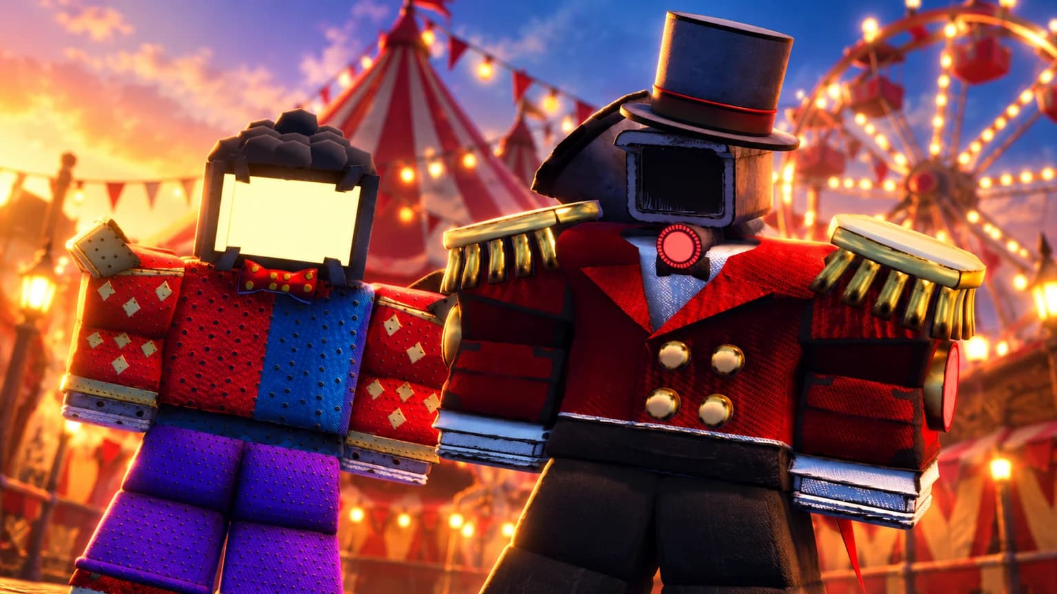 Ringmaster Cameraman and Balloon Pop TV Man in front of a carnival tent